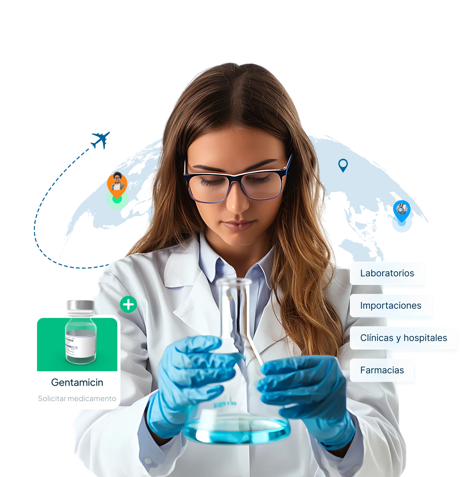 Profesional de salud farmacéutica con globo terráqueo, tarjeta de Gentamicin y categorías: Laboratorios, Importaciones, Clínicas y hospitales, Farmacias